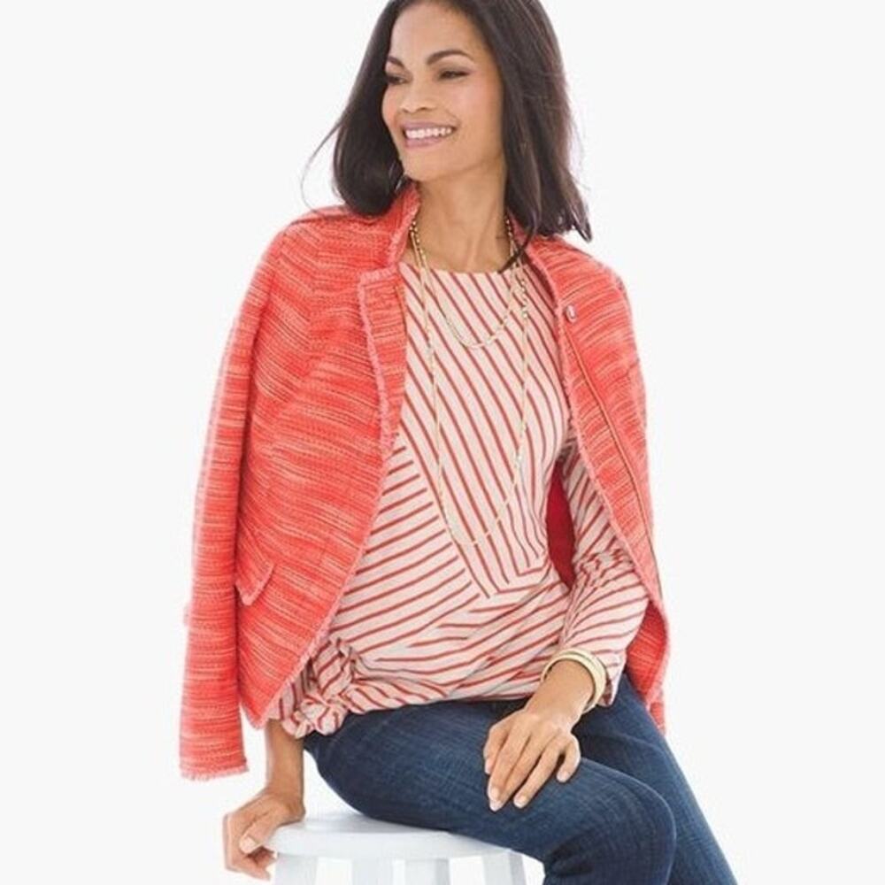 Chicos Textured Cotton Blend Tweed Garibaldi Orange Zip Front Fringe Jacket